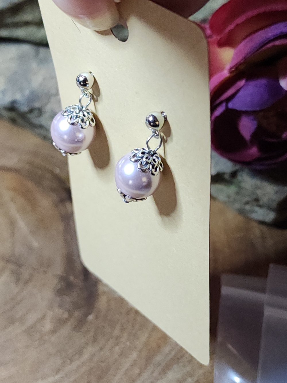 Hand Crafted Pink Pearl Drop Earrings with Silver Toned Accents - Picture 3 of 6